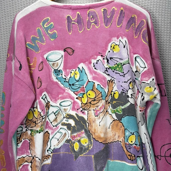 Vtg Kolorway Hand Painted Cat Sweater Pullover Size 1 Cocktail Bartender Kitty - Picture 6 of 8